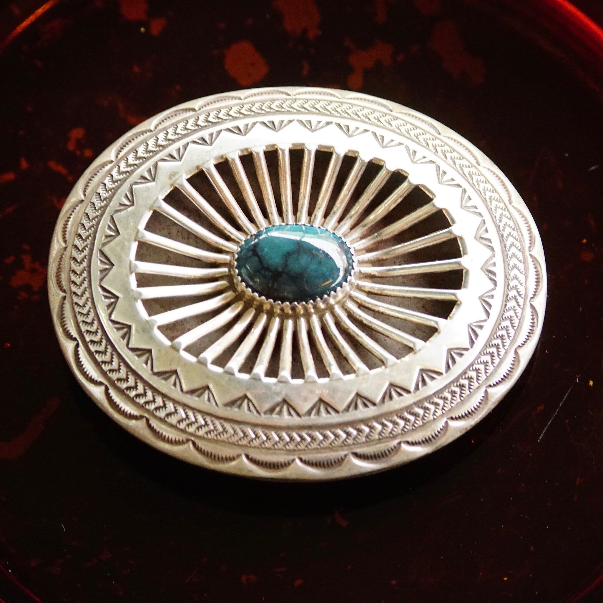 Vintage Signed Carson B. Navajo Sterling Silver Turquoise Belt Buckle, Hammered Silver Designs, Hollow Cut Out Belt Buckle, 3" W