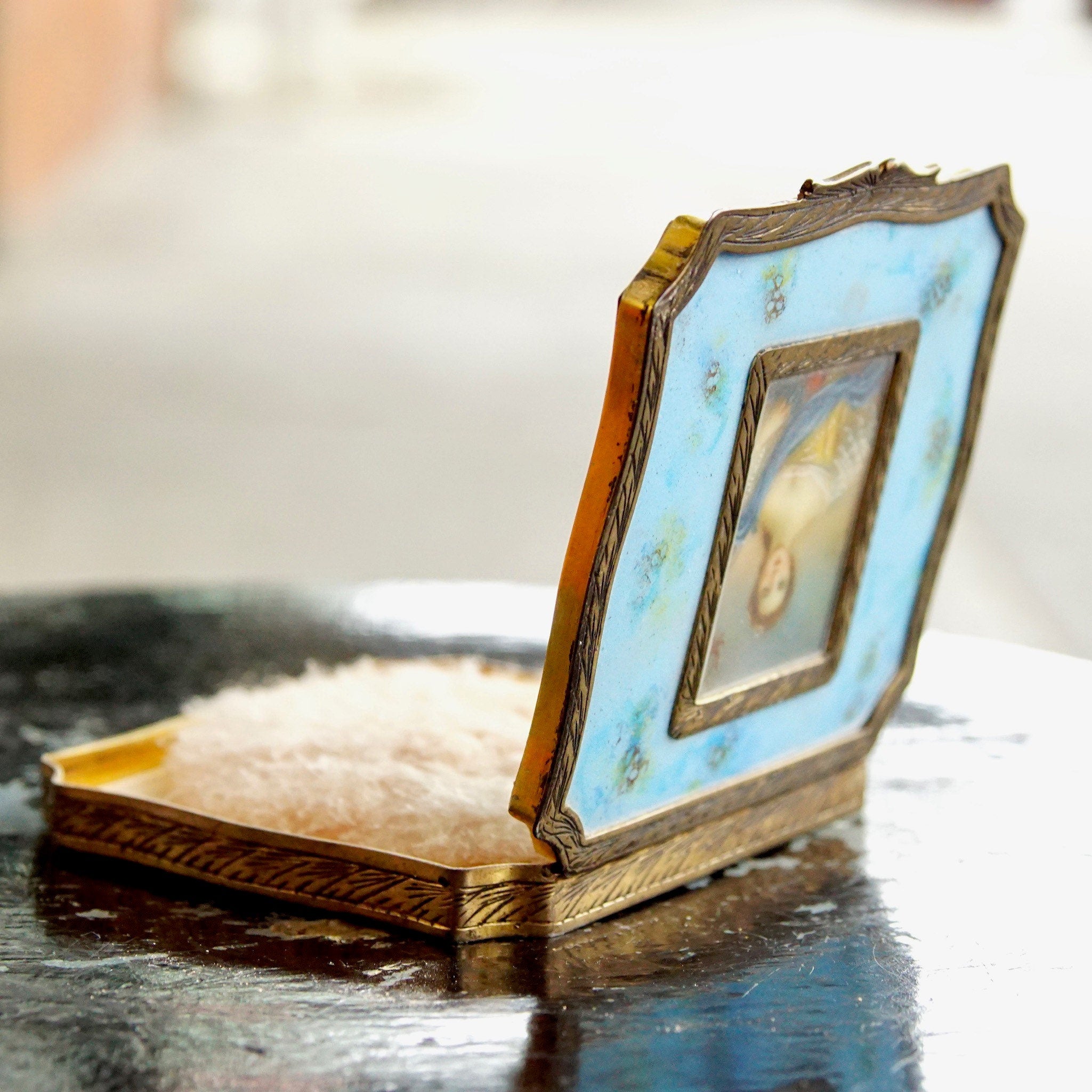 Victorian 800 Silver Gilt Enamel Hand Painted Powder Compact Mirror, Signed Miniature Portrait, Ornate Engraved Border & Backside, 3 1/8"