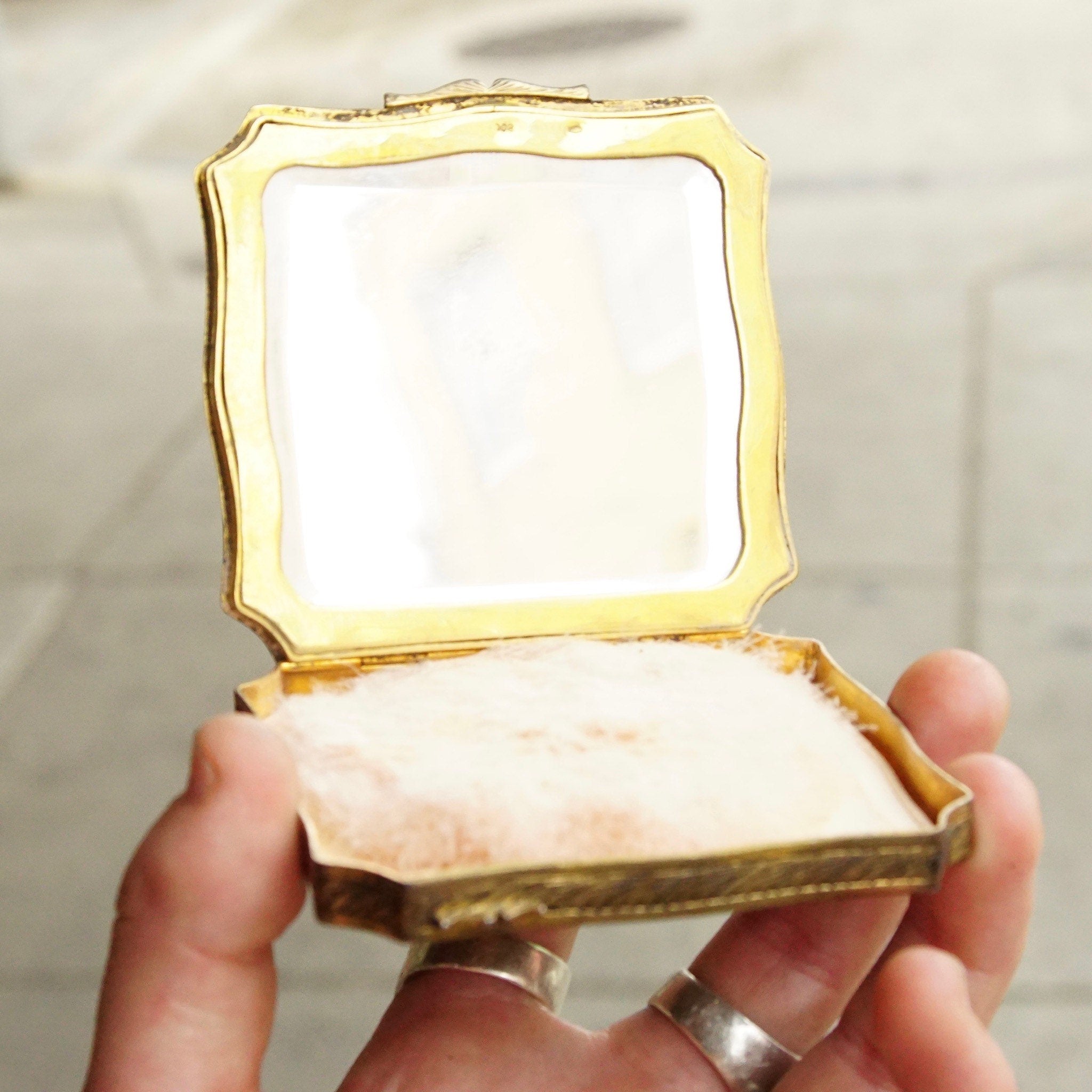 Victorian 800 Silver Gilt Enamel Hand Painted Powder Compact Mirror, Signed Miniature Portrait, Ornate Engraved Border & Backside, 3 1/8"