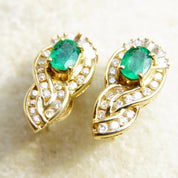 Vintage 14K Yellow Gold Diamond Emerald Earrings, .7625 TCW Brilliant & Baguette Diamonds, Sparkly Emerald Diamond Lever Back Studs