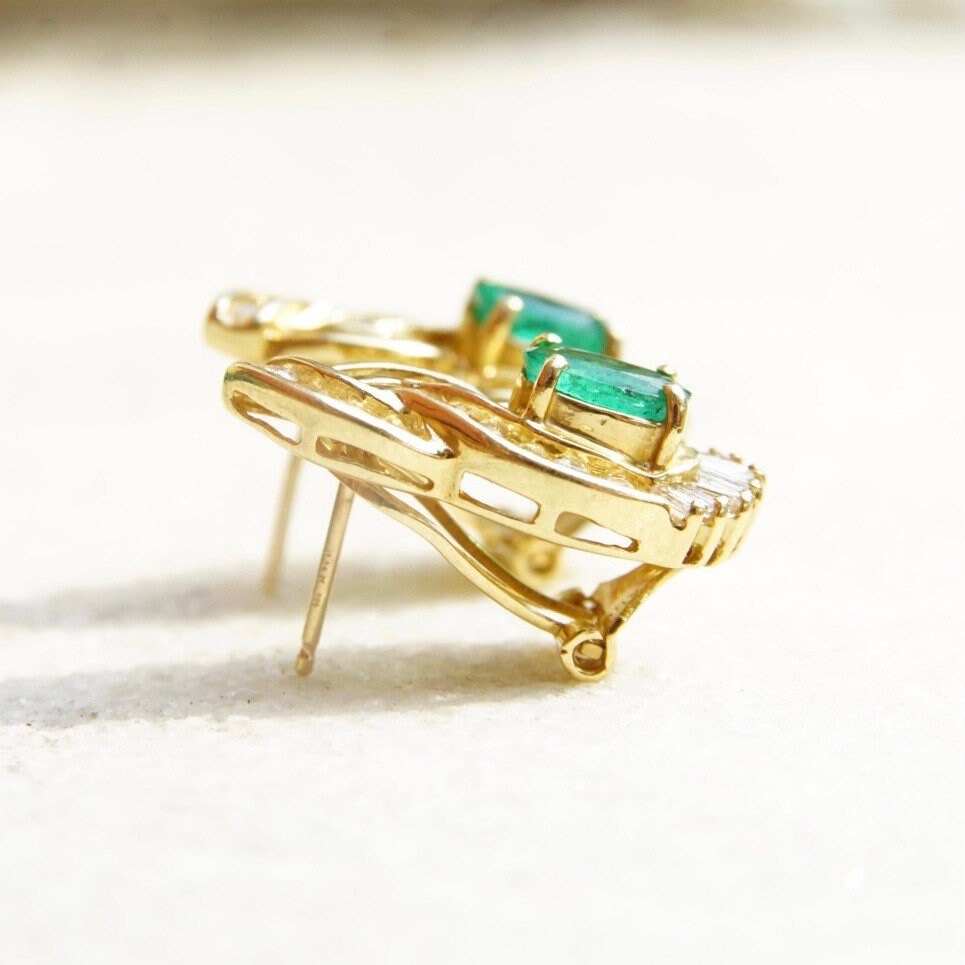 Vintage 14K Yellow Gold Diamond Emerald Earrings, .7625 TCW Brilliant & Baguette Diamonds, Sparkly Emerald Diamond Lever Back Studs