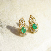 Vintage 14K Yellow Gold Diamond Emerald Earrings, .7625 TCW Brilliant & Baguette Diamonds, Sparkly Emerald Diamond Lever Back Studs