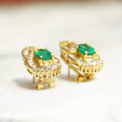 Vintage 14K Yellow Gold Diamond Emerald Earrings, .7625 TCW Brilliant & Baguette Diamonds, Sparkly Emerald Diamond Lever Back Studs