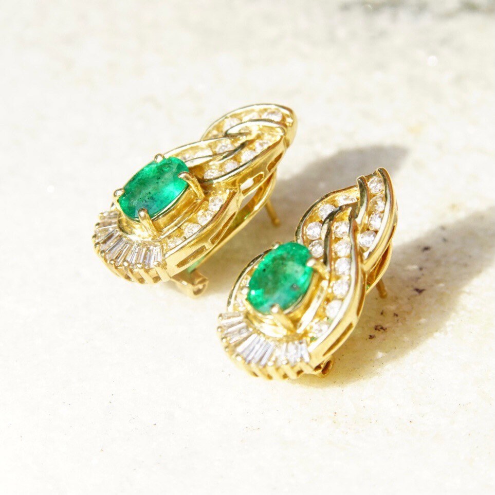 Vintage 14K Yellow Gold Diamond Emerald Earrings, .7625 TCW Brilliant & Baguette Diamonds, Sparkly Emerald Diamond Lever Back Studs