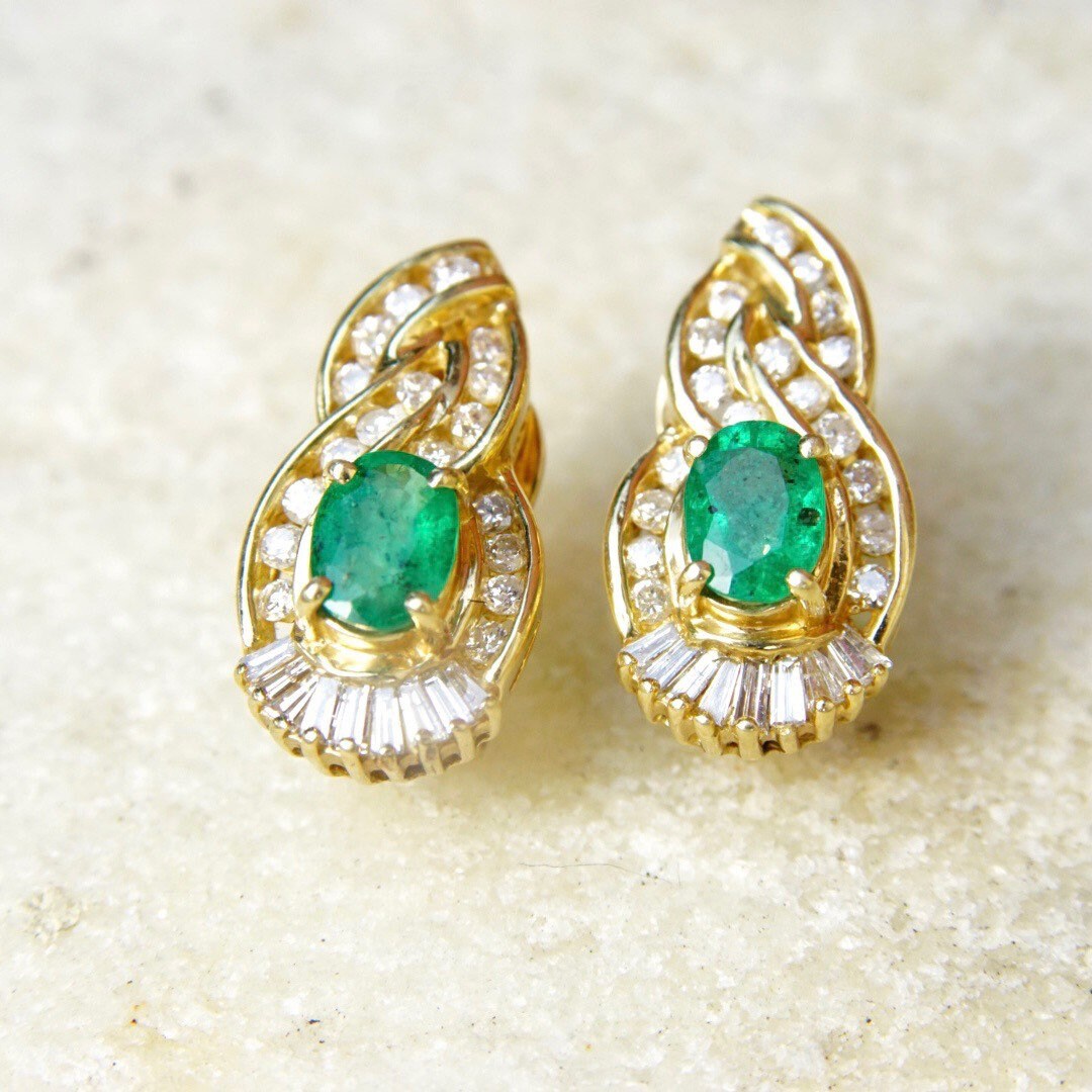 Vintage 14K Yellow Gold Diamond Emerald Earrings, .7625 TCW Brilliant & Baguette Diamonds, Sparkly Emerald Diamond Lever Back Studs