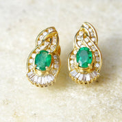 Vintage 14K Yellow Gold Diamond Emerald Earrings, .7625 TCW Brilliant & Baguette Diamonds, Sparkly Emerald Diamond Lever Back Studs