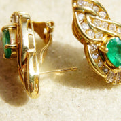 Vintage 14K Yellow Gold Diamond Emerald Earrings, .7625 TCW Brilliant & Baguette Diamonds, Sparkly Emerald Diamond Lever Back Studs