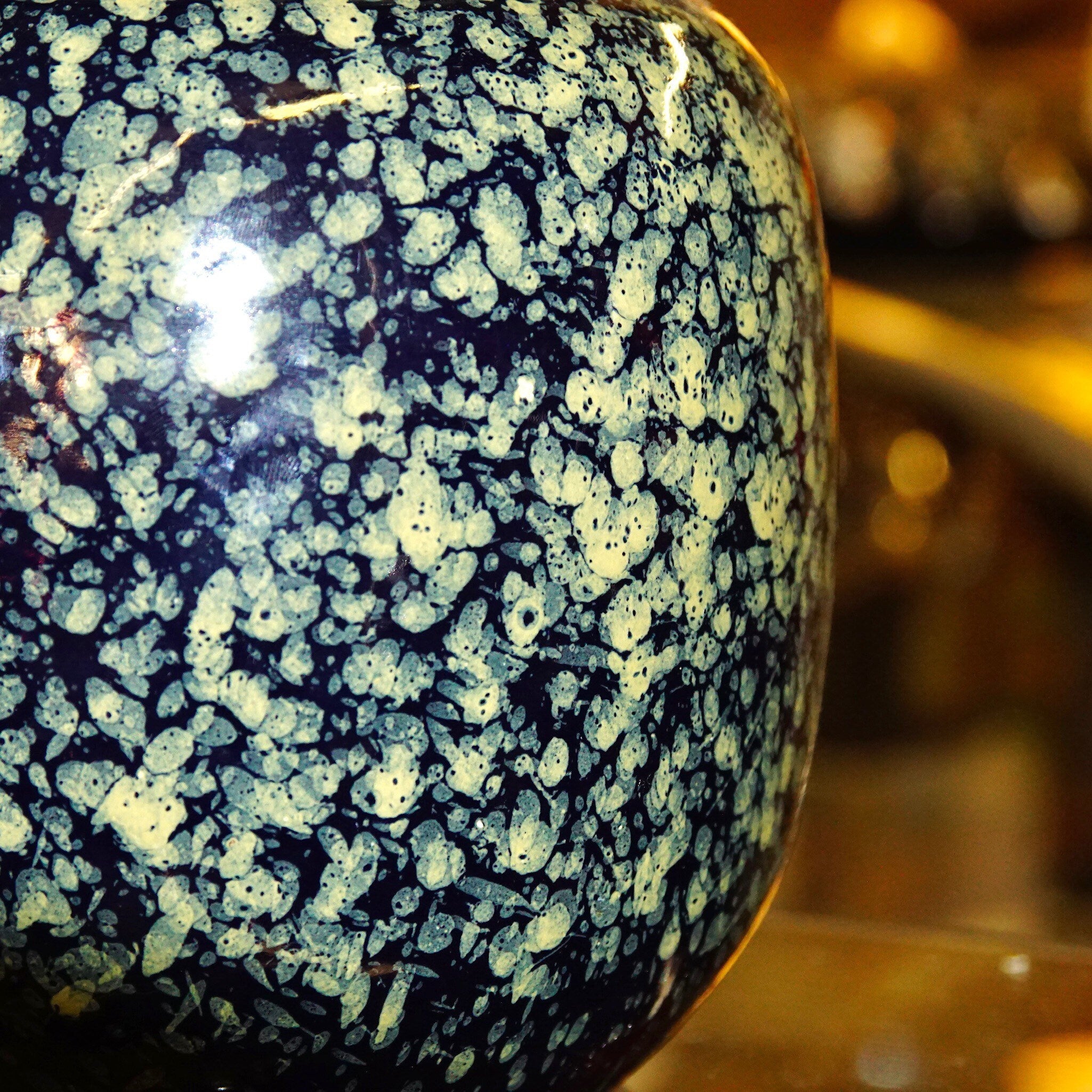 Vintage Italian Hand-Made Speckled Blue/Green Glazed Ceramic Jar, White Lid With Blue Splatter, Decorative Kitchen Container, 7 3/4" H