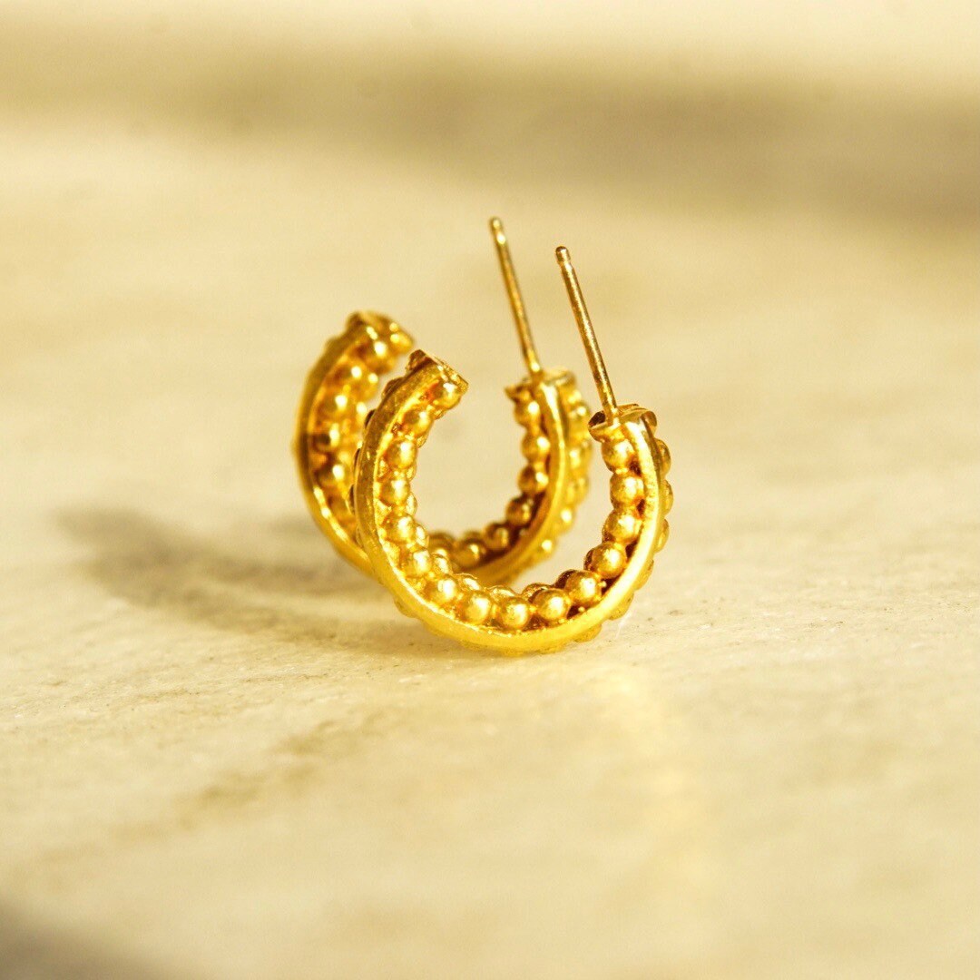 Vintage 14K Gold Hoop Earrings, Bead Textured Open Back Stud Hoops, Small Chunky Yellow Gold Earrings, 585 Accessory, 5/8" L x 1/4" W