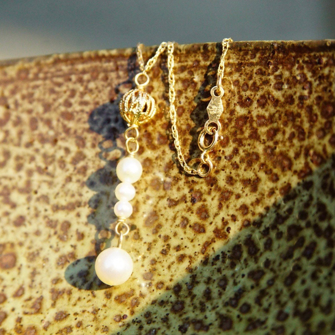 Vintage 14K Gold Pearl Y-Necklace, Elegant Necklace With Gold & Pearl Beads, Loose Rope Chain, Petite/Delicate Gold Choker, 16 1/2" Long