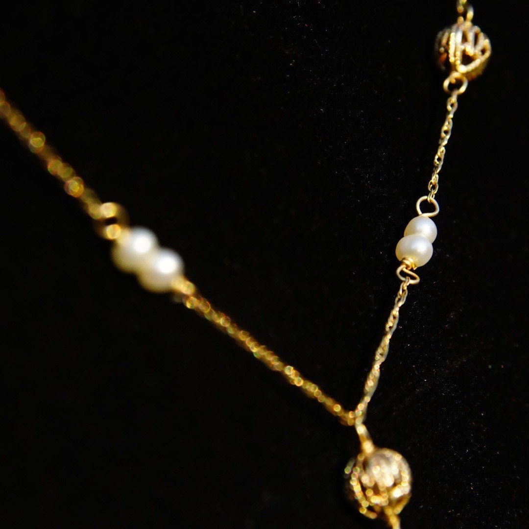 Vintage 14K Gold Pearl Y-Necklace, Elegant Necklace With Gold & Pearl Beads, Loose Rope Chain, Petite/Delicate Gold Choker, 16 1/2" Long