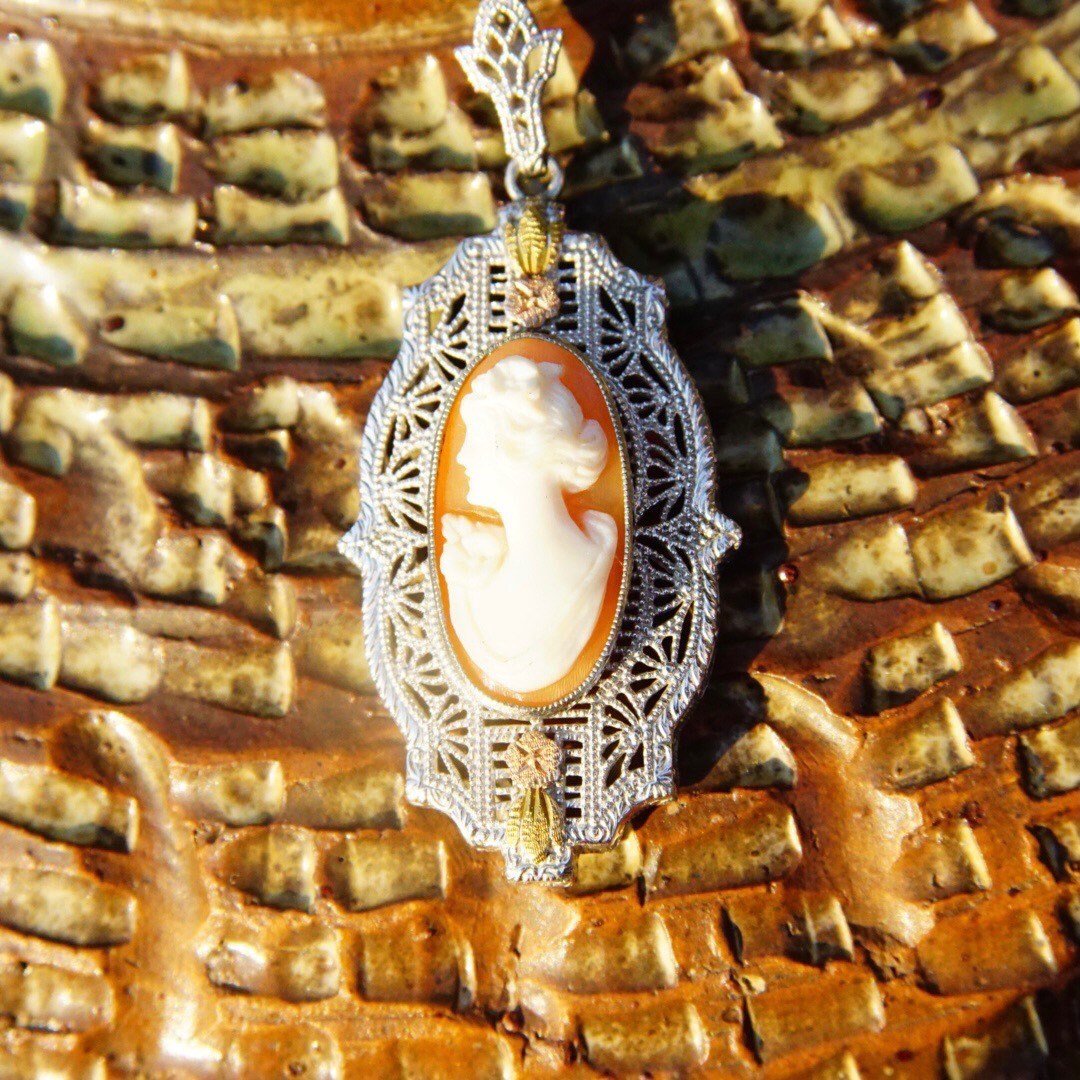 Vintage Art Deco 10K White Gold Cameo Filigree Pendant Necklace, Ornate Filigree Pendant, 16" Long Matching Chain, Signed Esemco 10K