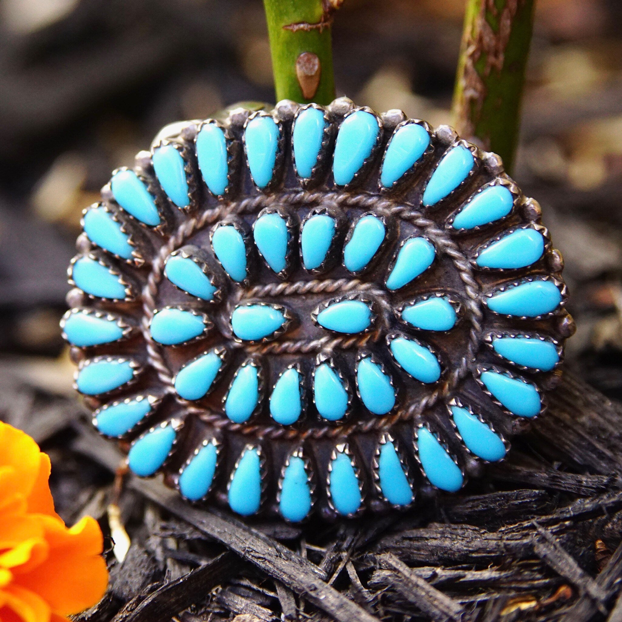 Vintage Signed GAB STERLING Zuni Needlepoint Turquoise Belt Buckle, Handmade Turquoise Buckle, Native American Old Pawn Jewelry, 1 7/8" W