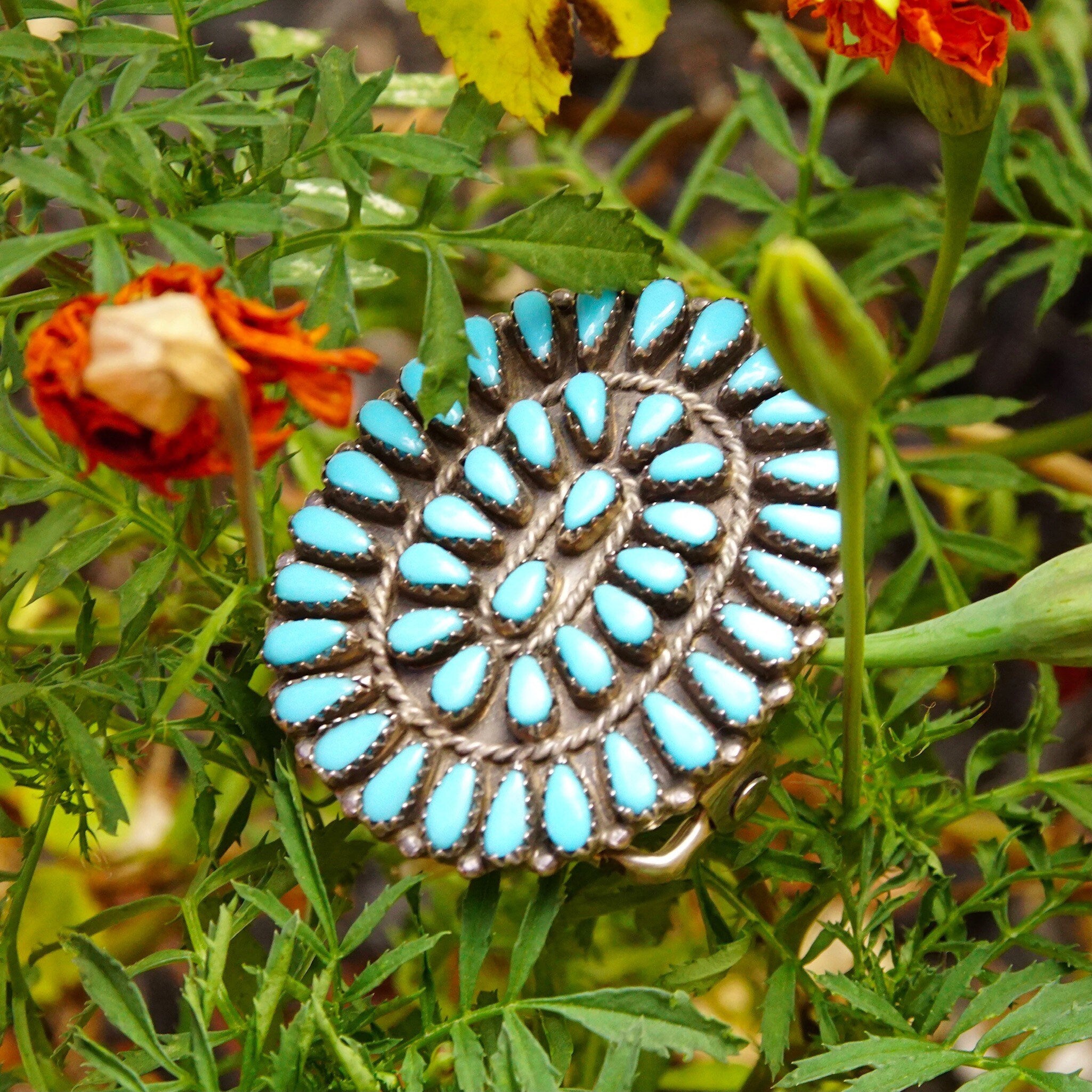 Vintage Signed GAB STERLING Zuni Needlepoint Turquoise Belt Buckle, Handmade Turquoise Buckle, Native American Old Pawn Jewelry, 1 7/8" W