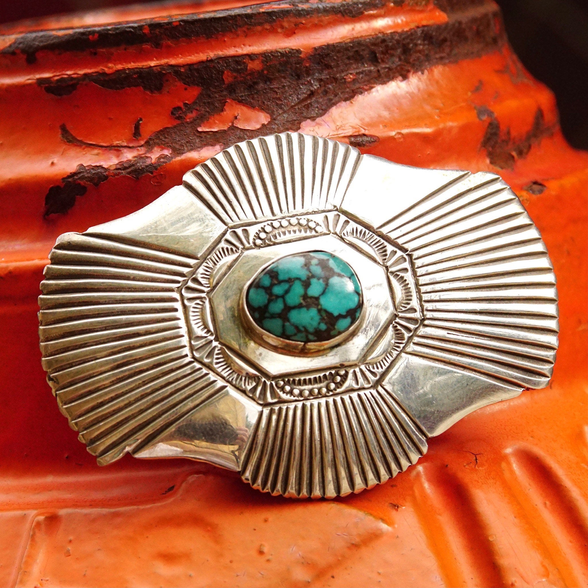 Vintage Signed Navajo Martinez Sterling Silver Turquoise Belt Buckle, Ornate Silver Buckle With Accent Turquoise, Old Pawn Jewelry, 3"W