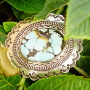 Vintage HUGE Navajo Turquoise & Silver Belt Buckle, Signed H. MTZ Sterling, Large Speckled Turquoise Stone, Scalloped Silver Frame, 3 1/2" W