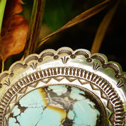 Vintage HUGE Navajo Turquoise & Silver Belt Buckle, Signed H. MTZ Sterling, Large Speckled Turquoise Stone, Scalloped Silver Frame, 3 1/2" W
