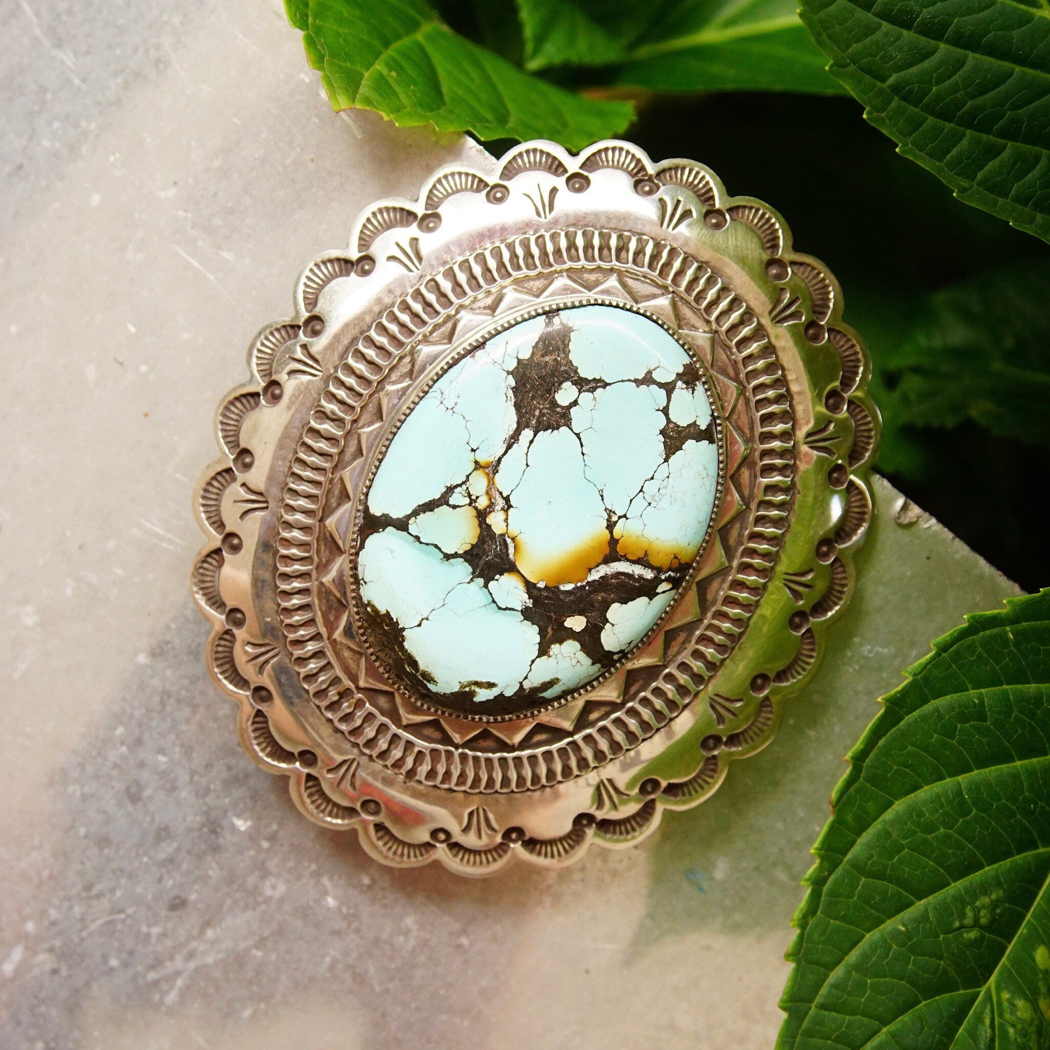 Vintage HUGE Navajo Turquoise & Silver Belt Buckle, Signed H. MTZ Sterling, Large Speckled Turquoise Stone, Scalloped Silver Frame, 3 1/2" W