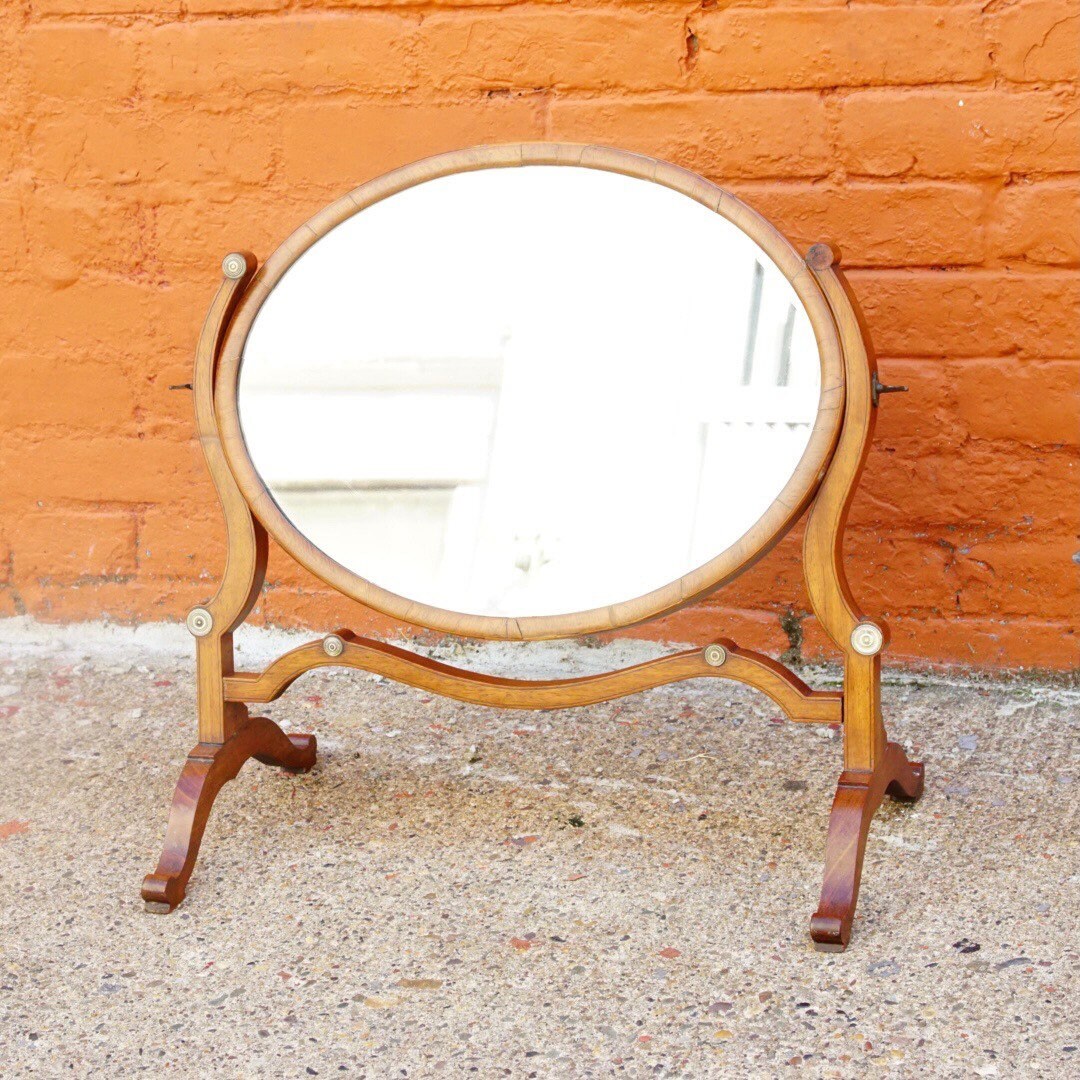 Antique Hepplewhite Style Mahogany Dressing Table Cheval Mirror W/ Accent Ivory Details, Ornate Oval Tilt Mirror, Boudoir Vanity Mirror