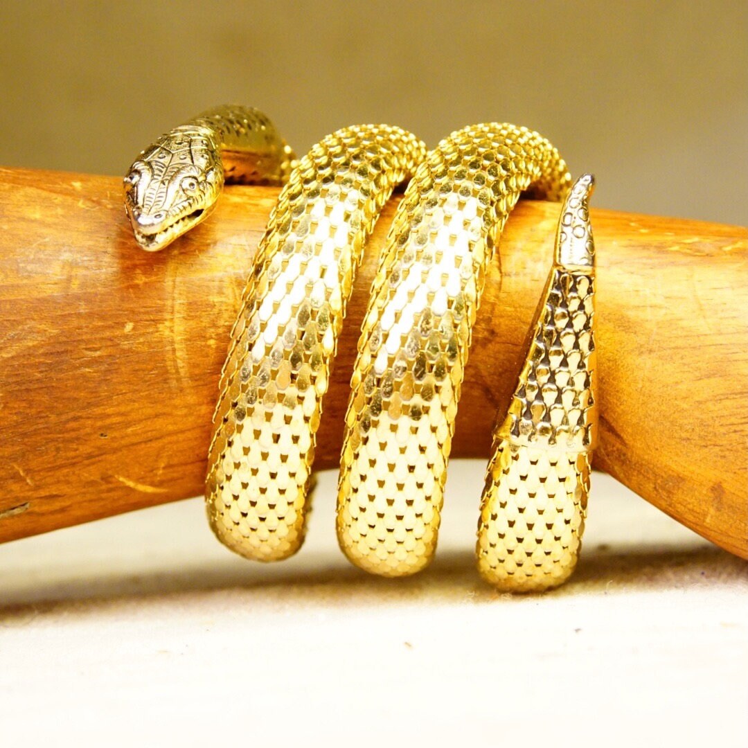Vintage Whiting & Davis Gold Mesh Snake Necklace And Bracelet, Triple Coil Snake Cuff, Single Coil Snake Choker, Gold Tone Jewelry Set