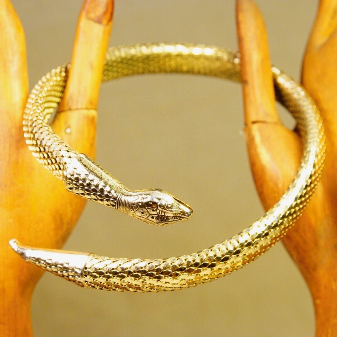 Vintage Whiting & Davis Gold Mesh Snake Necklace And Bracelet, Triple Coil Snake Cuff, Single Coil Snake Choker, Gold Tone Jewelry Set