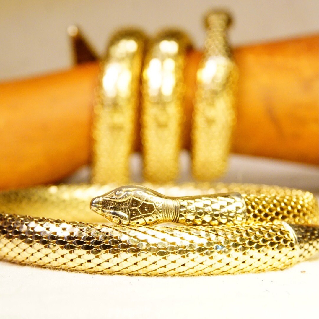 Vintage Whiting & Davis Gold Mesh Snake Necklace And Bracelet, Triple Coil Snake Cuff, Single Coil Snake Choker, Gold Tone Jewelry Set