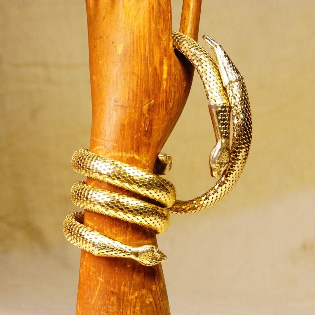 Vintage Whiting & Davis Gold Mesh Snake Necklace And Bracelet, Triple Coil Snake Cuff, Single Coil Snake Choker, Gold Tone Jewelry Set