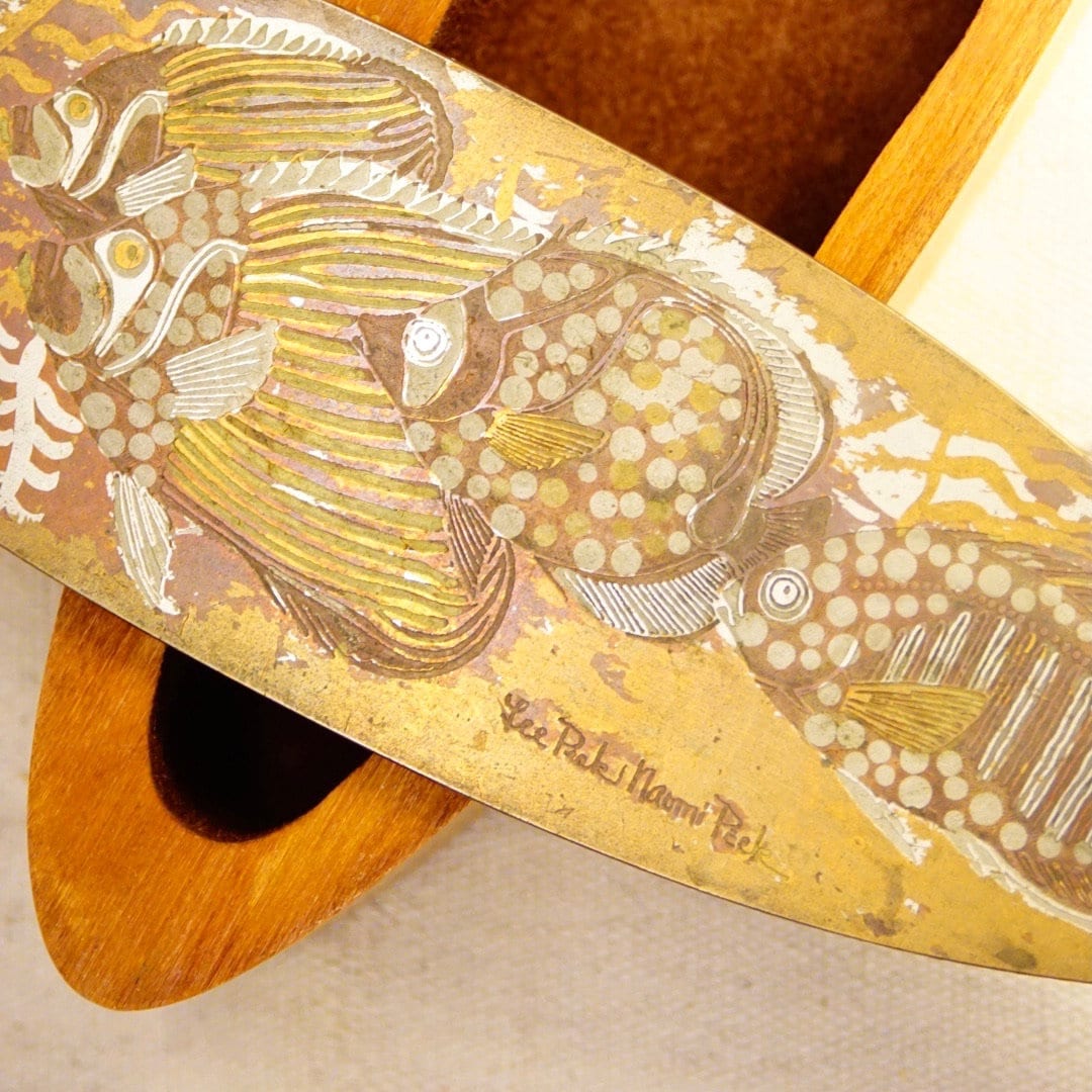 Vintage Signed Lee & Naomi Peck Inlaid Metal Wooden Swivel-Lid Box, Multi-Color Fish Lid Design, Marquise Shaped Box With Lid, Handmade