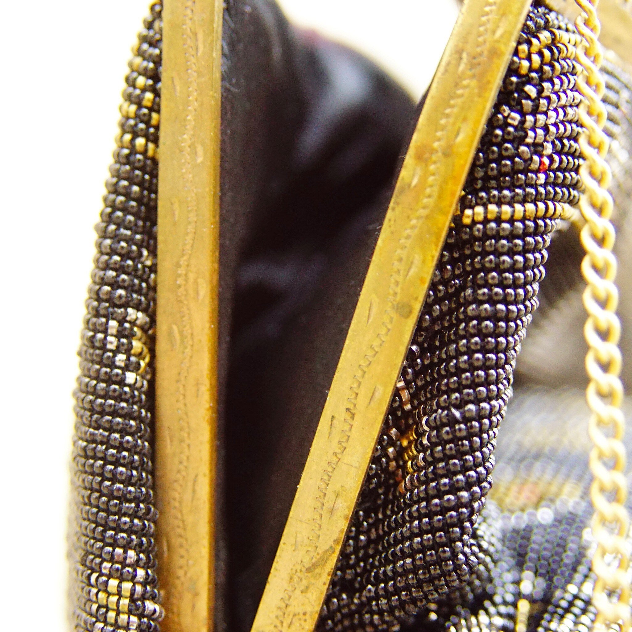 Vintage Art Deco Patterned Bead Evening Bag, Enameled Mother Of Pearl & Marcasite, Brass Hardware, Black Silk Lining, No Purse Chain, 6" L