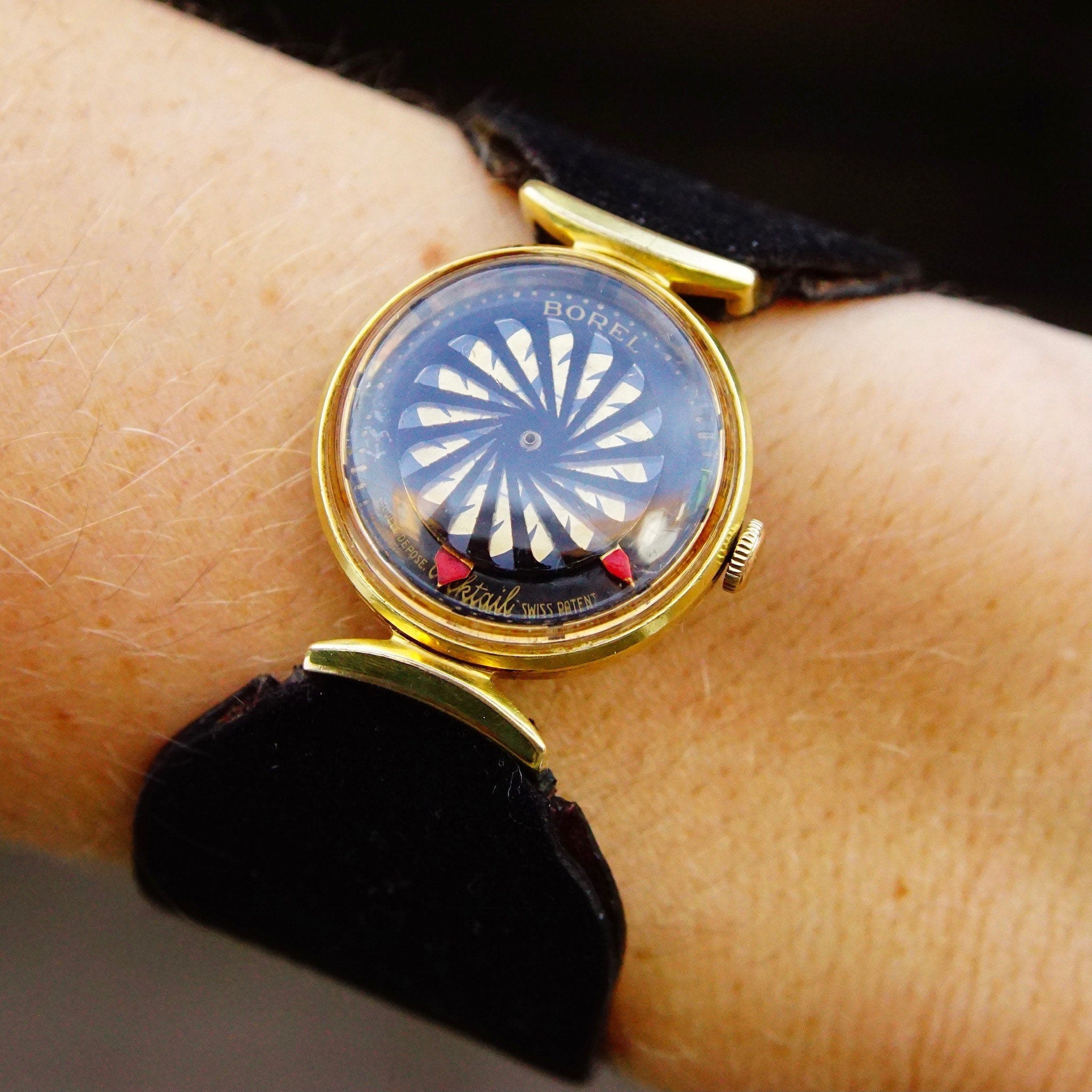 Vintage Ernest Borel Kaleidoscope Cocktail Watch, 17 Jewel Movement, Gold Plated Case, Clear Backing, Thick Black Suede Band, WORKING