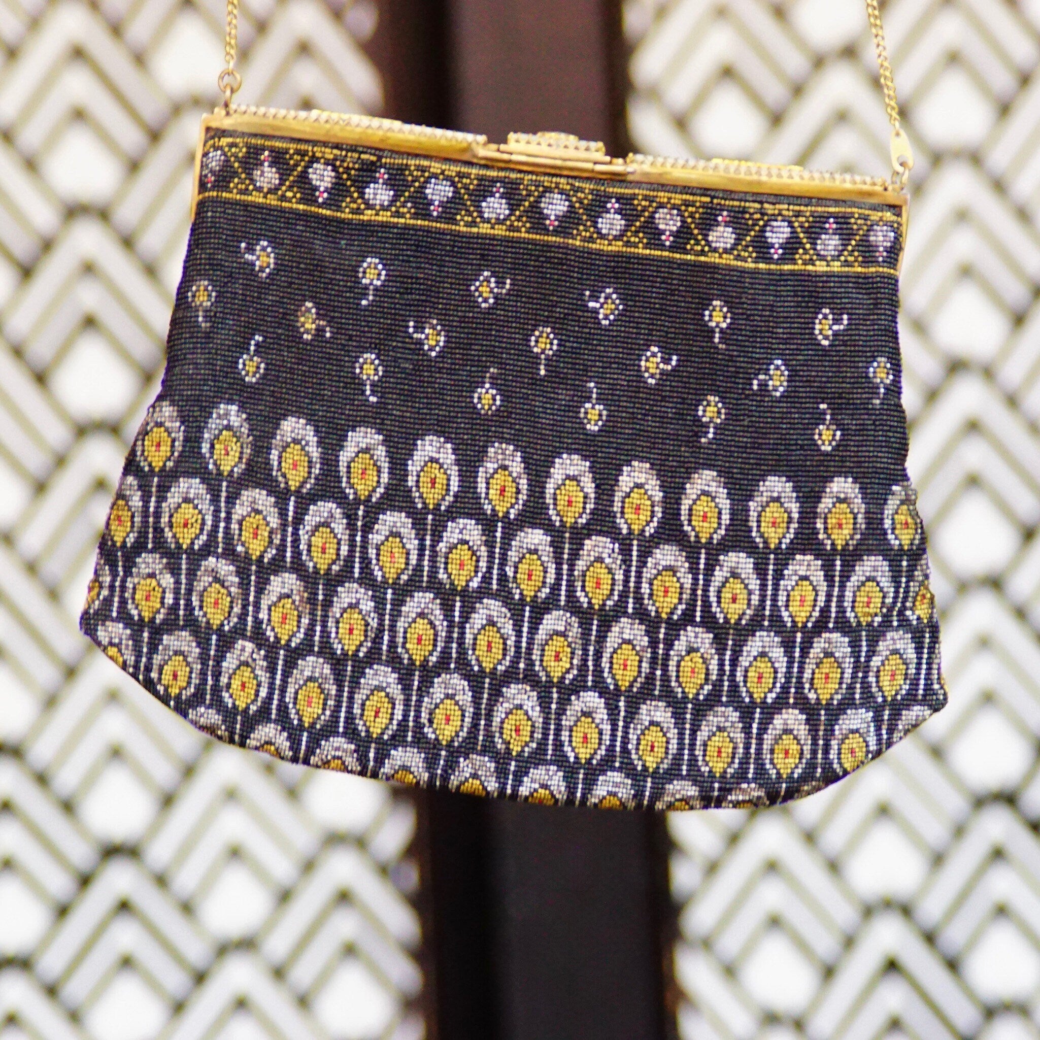 Vintage Art Deco Patterned Bead Evening Bag, Enameled Mother Of Pearl & Marcasite, Brass Hardware, Black Silk Lining, No Purse Chain, 6" L