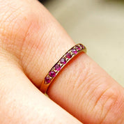 Vintage 14K Gold Half Eternity Pave Ruby Ring, 8 Round Cut Ruby Gemstones, 2mm Yellow Gold Band, Anniversary Ring, Size 6 1/2 US