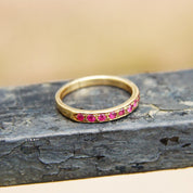 Vintage 14K Gold Half Eternity Pave Ruby Ring, 8 Round Cut Ruby Gemstones, 2mm Yellow Gold Band, Anniversary Ring, Size 6 1/2 US