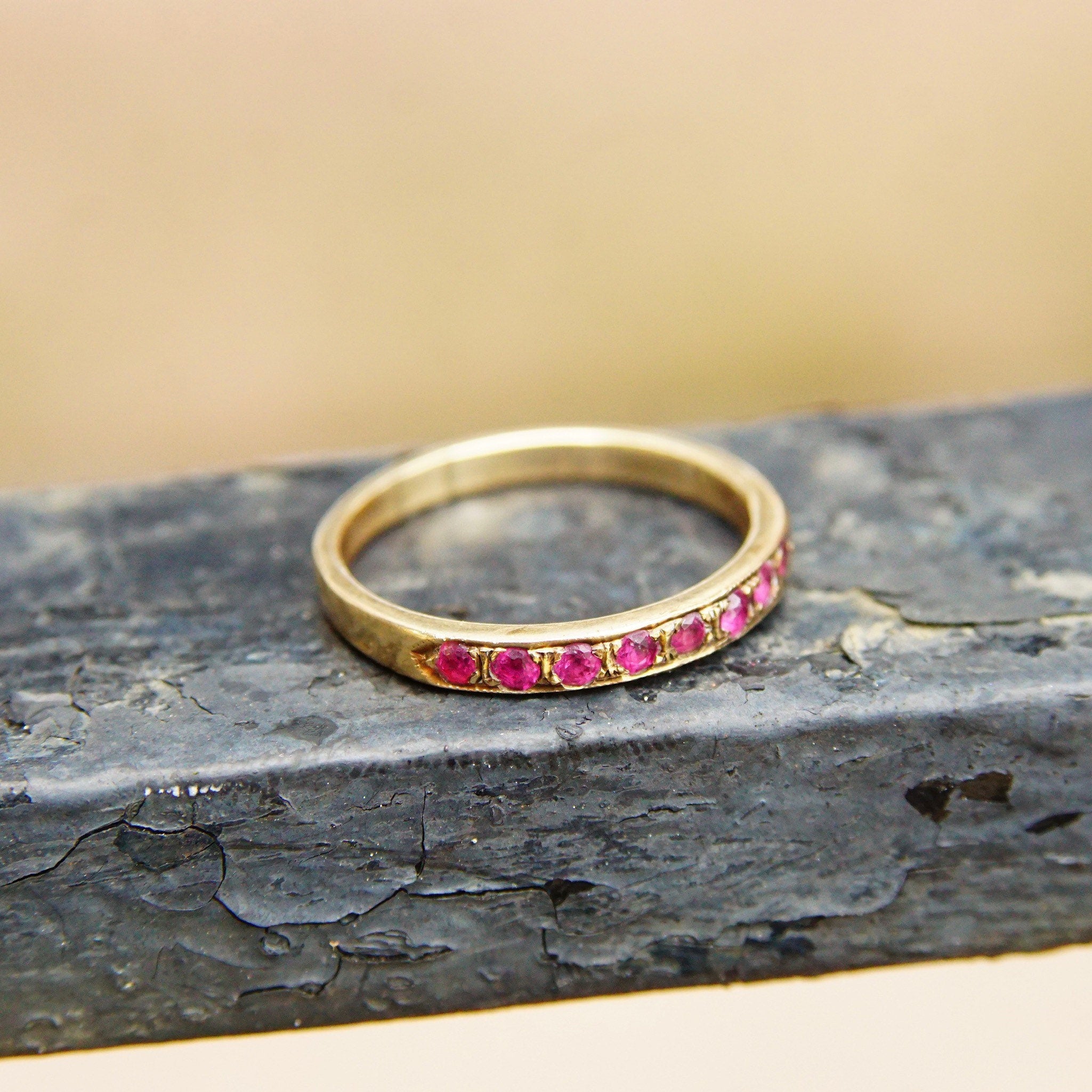 Vintage 14K Gold Half Eternity Pave Ruby Ring, 8 Round Cut Ruby Gemstones, 2mm Yellow Gold Band, Anniversary Ring, Size 6 1/2 US