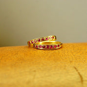 Vintage 14K Gold Half Eternity Pave Ruby Ring, 8 Round Cut Ruby Gemstones, 2mm Yellow Gold Band, Anniversary Ring, Size 6 1/2 US