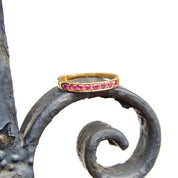 Vintage 14K Gold Half Eternity Pave Ruby Ring, 8 Round Cut Ruby Gemstones, 2mm Yellow Gold Band, Anniversary Ring, Size 6 1/2 US