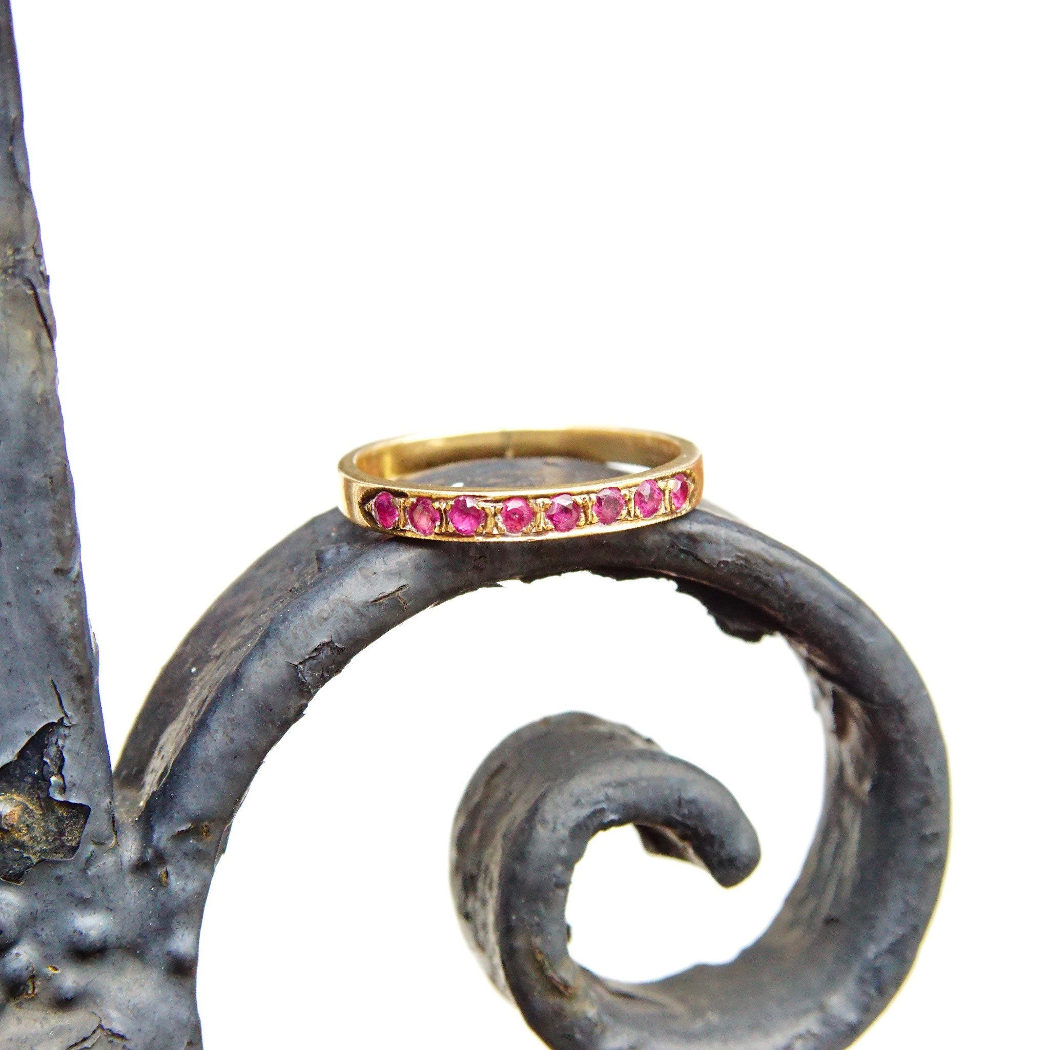 Vintage 14K Gold Half Eternity Pave Ruby Ring, 8 Round Cut Ruby Gemstones, 2mm Yellow Gold Band, Anniversary Ring, Size 6 1/2 US