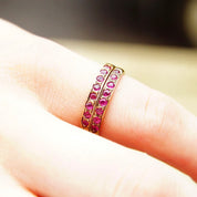 Vintage 14K Gold Half Eternity Pave Ruby Ring, 8 Round Cut Ruby Gemstones, 2mm Yellow Gold Band, Anniversary Ring, Size 6 1/2 US