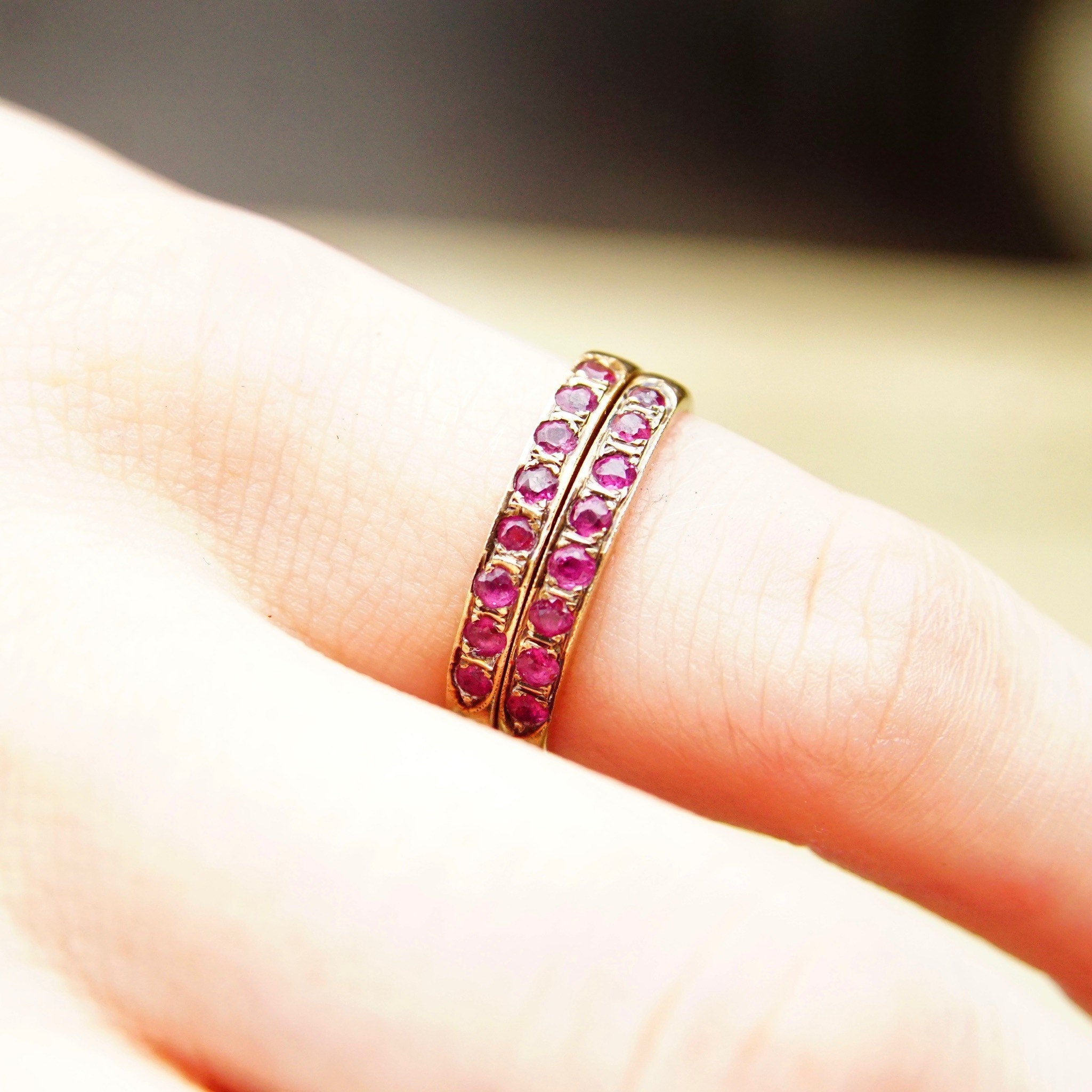 Vintage 14K Gold Half Eternity Pave Ruby Ring, 8 Round Cut Ruby Gemstones, 2mm Yellow Gold Band, Anniversary Ring, Size 6 1/2 US