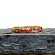Vintage 14K Gold Half Eternity Pave Ruby Ring, 8 Round Cut Ruby Gemstones, 2mm Yellow Gold Band, Anniversary Ring, Size 6 1/2 US