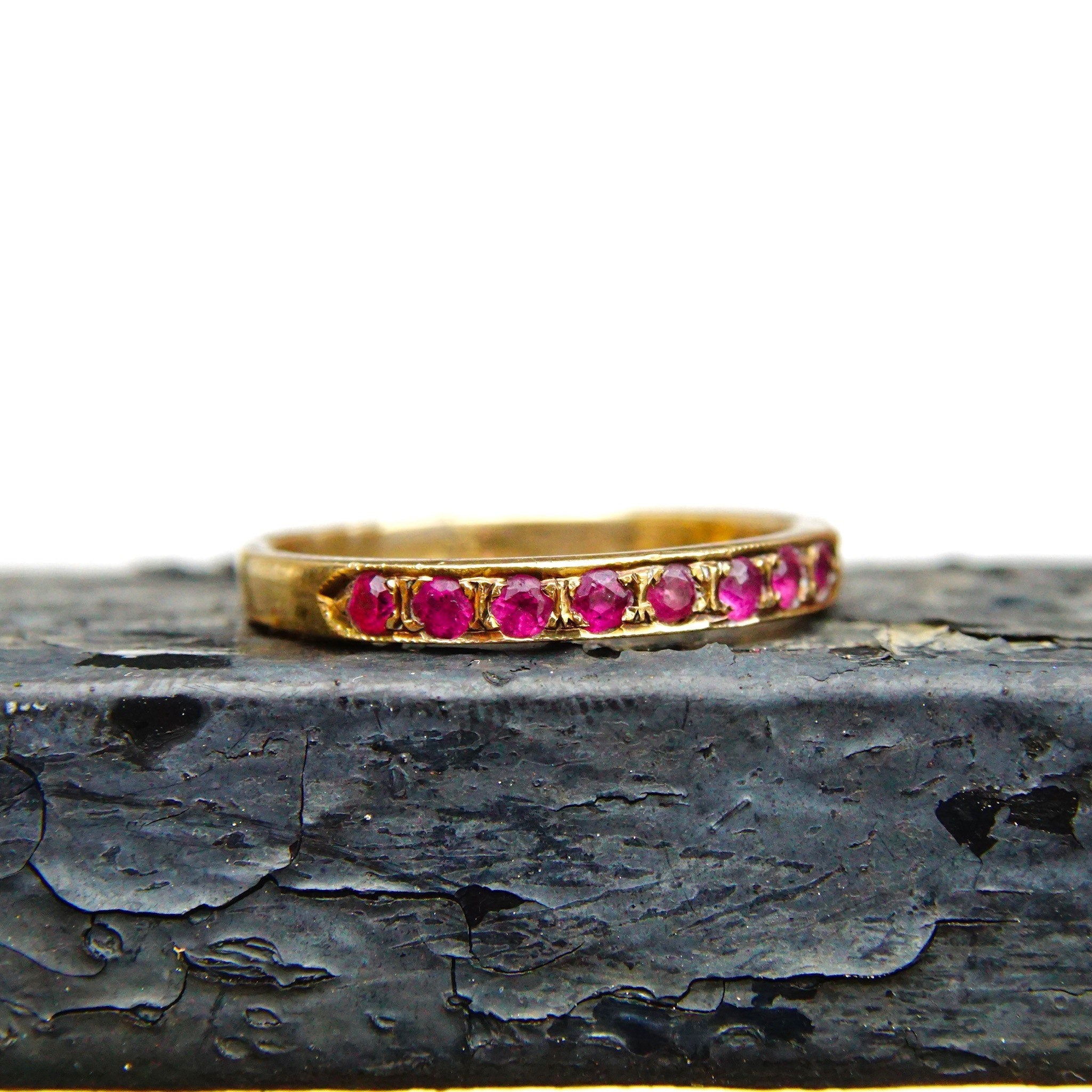 Vintage 14K Gold Half Eternity Pave Ruby Ring, 8 Round Cut Ruby Gemstones, 2mm Yellow Gold Band, Anniversary Ring, Size 6 1/2 US
