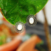 Vintage Silver Filigree Mother Of Pearl Stud Earrings, Iridescent White Shell, Ornate Silver Wire Frame, 5/8" L