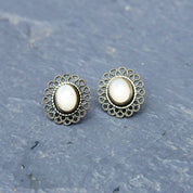 Vintage Silver Filigree Mother Of Pearl Stud Earrings, Iridescent White Shell, Ornate Silver Wire Frame, 5/8" L