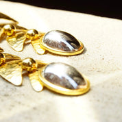 Vintage Two-Tone Crinkle Abstract Fish Earrings, Large Mixed Metal Dangle Earrings, Tiered Gold Panels, Reflective Silver Orb, 4 1/4" Long