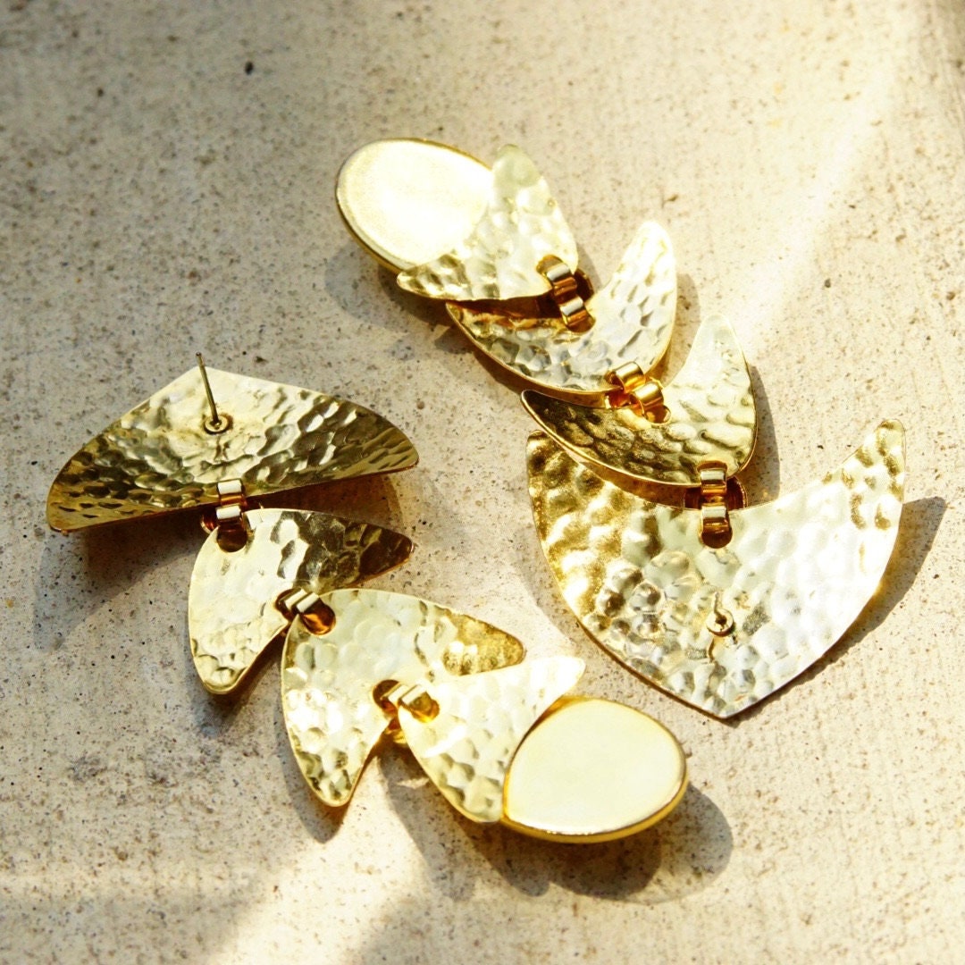 Vintage Two-Tone Crinkle Abstract Fish Earrings, Large Mixed Metal Dangle Earrings, Tiered Gold Panels, Reflective Silver Orb, 4 1/4" Long