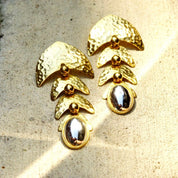 Vintage Two-Tone Crinkle Abstract Fish Earrings, Large Mixed Metal Dangle Earrings, Tiered Gold Panels, Reflective Silver Orb, 4 1/4" Long