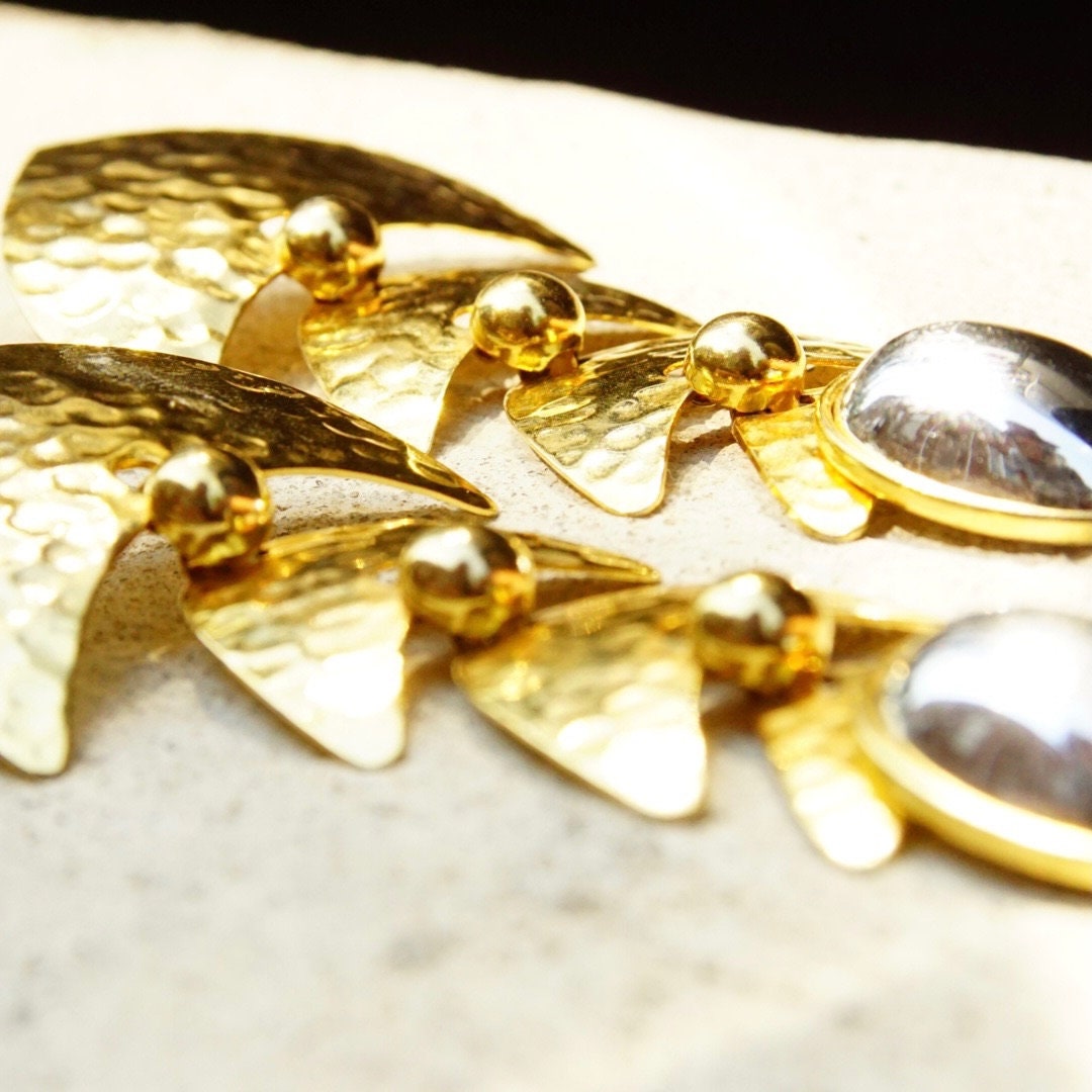 Vintage Two-Tone Crinkle Abstract Fish Earrings, Large Mixed Metal Dangle Earrings, Tiered Gold Panels, Reflective Silver Orb, 4 1/4" Long