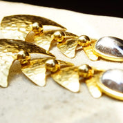 Vintage Two-Tone Crinkle Abstract Fish Earrings, Large Mixed Metal Dangle Earrings, Tiered Gold Panels, Reflective Silver Orb, 4 1/4" Long