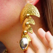 Vintage Two-Tone Crinkle Abstract Fish Earrings, Large Mixed Metal Dangle Earrings, Tiered Gold Panels, Reflective Silver Orb, 4 1/4" Long