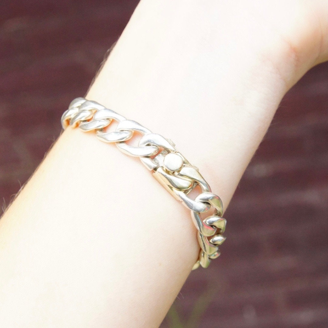 Vintage Modernist Sterling Silver Cuban Link Bracelet, Signed Inger K 925, Solid Silver Chain Link Bracelet, Unisex Bracelet, 7 1/2" Long